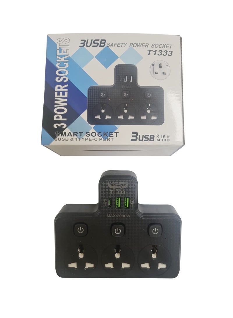 Lucky Hawk محول حائط مع 3 مقابس عالمية، 2 منفذ USB و 1 منفذ Type-C، تمديد متعدد المقابس مع 3 مفاتيح فردية، مقبس طاقة ذكي 2000 واط، شحن سريع 2.1 أمبير للمنزل، المكتب والسفر باللون الأسود - Image 3